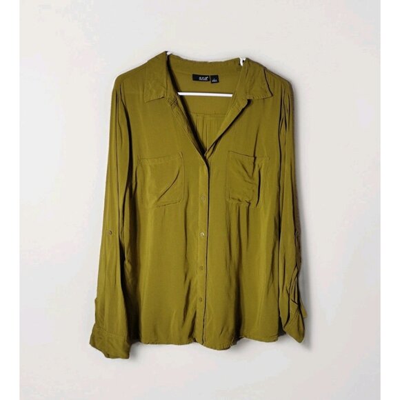 A New Approach Top Large Long Tab Sleeves Pockets Mustard Green - Picture 1 of 13